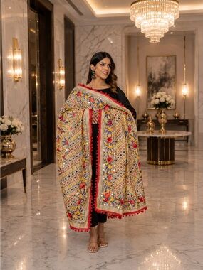 shawl Red Pom Pom Raw Silk Handmade Phulkari Dupatta mirror and thread